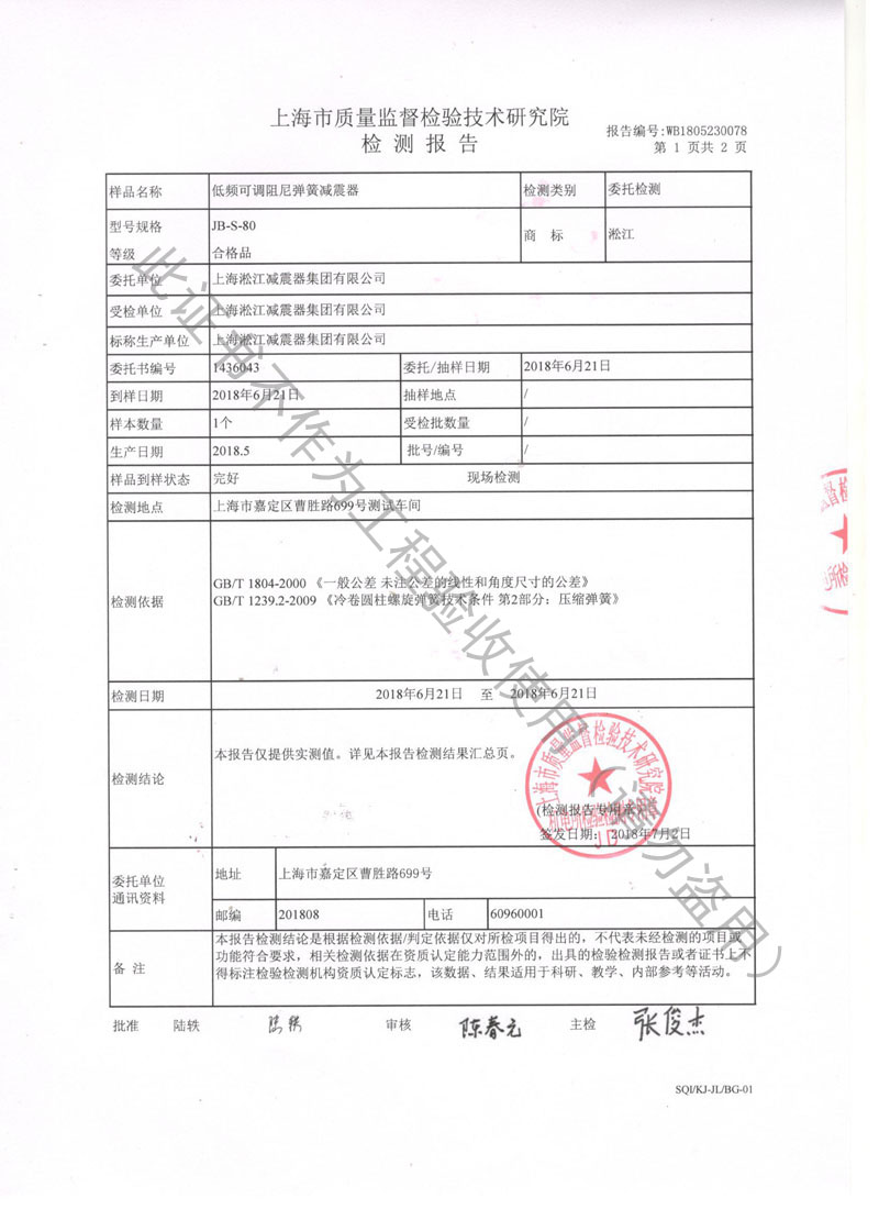 SQI榮獲上海市質量監督局頒發風機彈簧減震器檢驗報告